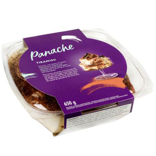 Clear bowl of Panache tiramisu with purple label depicting a tiramisu in a dessert cup.