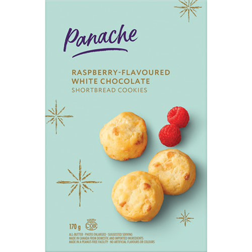 Light blue box of Panache Raspberry-Flavoured White Chocolate Shortbread Cookies with an image of a few cookies on the front of the box.