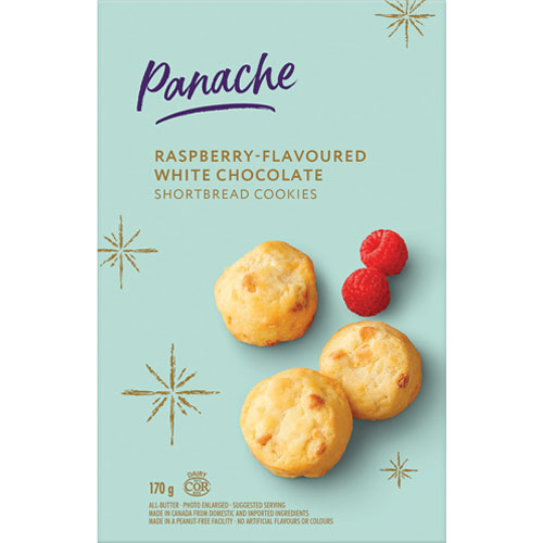 Light blue box of Panache Raspberry-Flavoured White Chocolate Shortbread Cookies with an image of a few cookies on the front of the box.