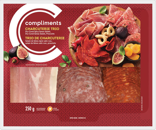 Red plastic package of Dry-Cured Spicy Genoa Salami, Dry-Cured Genoa Salami, Prosciutto