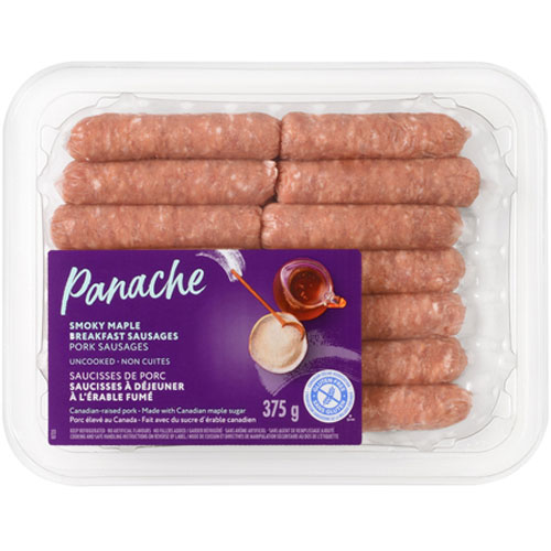 Clear package of sausage links with purple label showing syrup pourer and sugar bowl or package of bacon with purple label and photo of a green apple and woodchips or package of bacon with purple label and photo of peppercorns in a green bowl
        