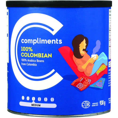 Tin of Compliments 100% Colombian Coffee with a dark blue label featuring and illustration of a woman sitting in a chair with a cup of coffee.