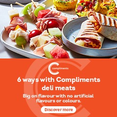 Text Reading '6 ways with Compliments deli meats. Big on flavour with no artificial flavours or colours. 'Discover More' by clicking the button below.'