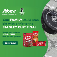 Text Reading, “Logo of Sobeys, Official Grocer of the Stanley Cup* Final. ‘Your family could score big with a trip to the STANLEY CUP FINAL. Unlock your exclusive SCENE PLUS OFFER from our NHL partners.’ Image of Kitkat Choclate packs. The contest is live from Feb 16, 2023, to March 29, 2023. Check more details with the ‘ENTER NOW’ button”