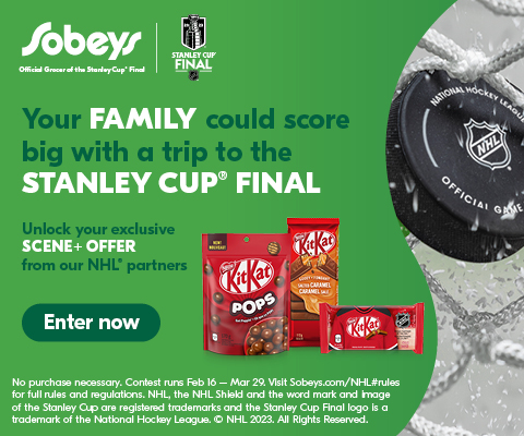 Text Reading, “Logo of Sobeys, Official Grocer of the Stanley Cup* Final. ‘Your family could score big with a trip to the STANLEY CUP FINAL. Unlock your exclusive SCENE PLUS OFFER from our NHL partners.’ Image of Kitkat Choclate packs. The contest is live from Feb 16, 2023, to March 29, 2023. Check more details with the ‘ENTER NOW’ button”