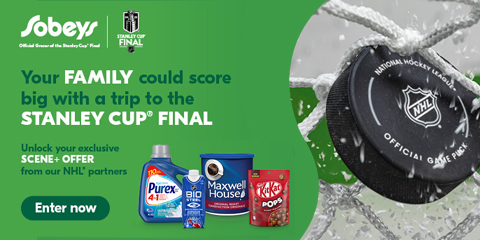 Text Reading, “Logo of Sobeys, Official Grocer of the Stanley Cup* Final. ‘Your family could score big with a trip to the STANLEY CUP FINAL. Unlock your exclusive SCENE PLUS OFFER from our NHL partners. The contest runs from Feb 16, 2023 to March 29, 2023. Check more details with the ‘ENTER NOW’ button”
