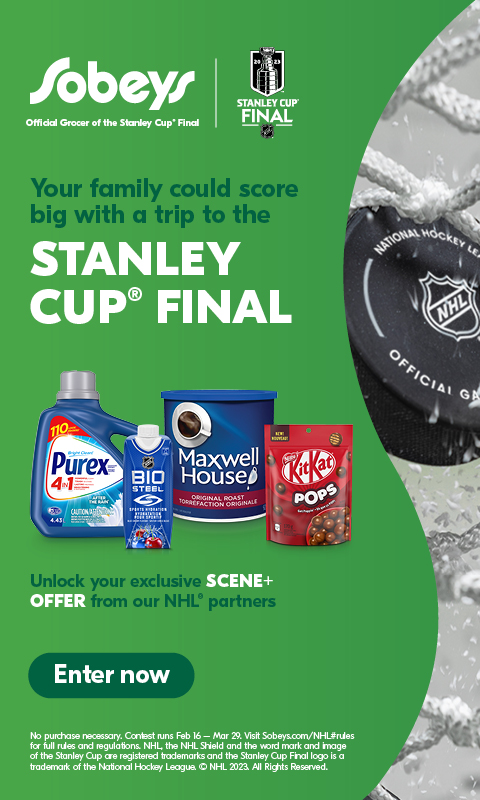 Text Reading, “Logo of Sobeys, Official Grocer of the Stanley Cup* Final. ‘Your family could score big with a trip to the STANLEY CUP FINAL. Unlock your exclusive SCENE PLUS OFFER from our NHL partners. The contest runs from Feb 16, 2023 to March 29, 2023. Check more details with the ‘ENTER NOW’ button”