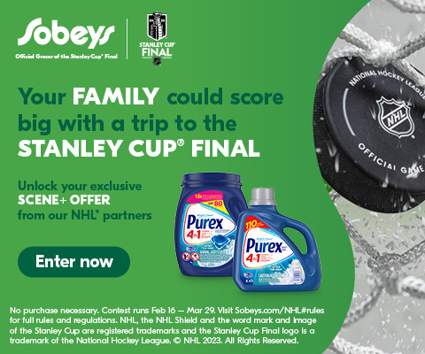 Text Reading, “Logo of Sobeys, Official Grocer of the Stanley Cup* Final. ‘Your family could score big with a trip to the STANLEY CUP FINAL. Unlock your exclusive SCENE PLUS OFFER from our NHL partners.’ Image of Purex® 4-in-1 detergent. The contest is live from Feb 16, 2023, to March 29, 2023. Check more details with the ‘ENTER NOW’ button”