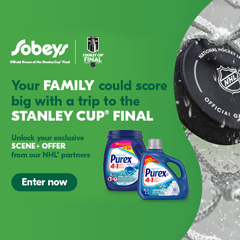 Text Reading, “Logo of Sobeys, Official Grocer of the Stanley Cup* Final. ‘Your family could score big with a trip to the STANLEY CUP FINAL. Unlock your exclusive SCENE PLUS OFFER from our NHL partners.’ Image of Purex® 4-in-1 detergent. The contest is live from Feb 16, 2023, to March 29, 2023. Check more details with the ‘ENTER NOW’ button”