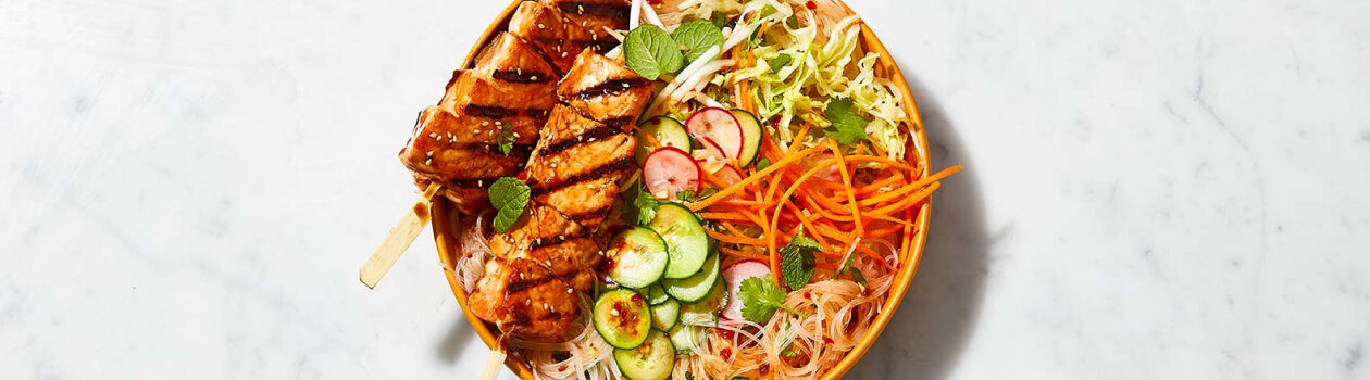 Teriyaki Salmon Skewer Rice Noodle Salad