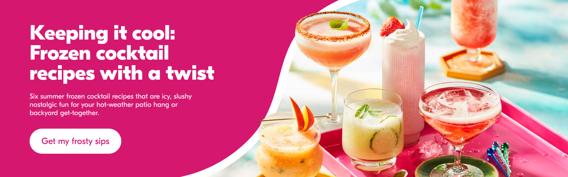 A selection of frosty summer cocktails in various glasses on a pink lacquered tray over a turquoise countertop.