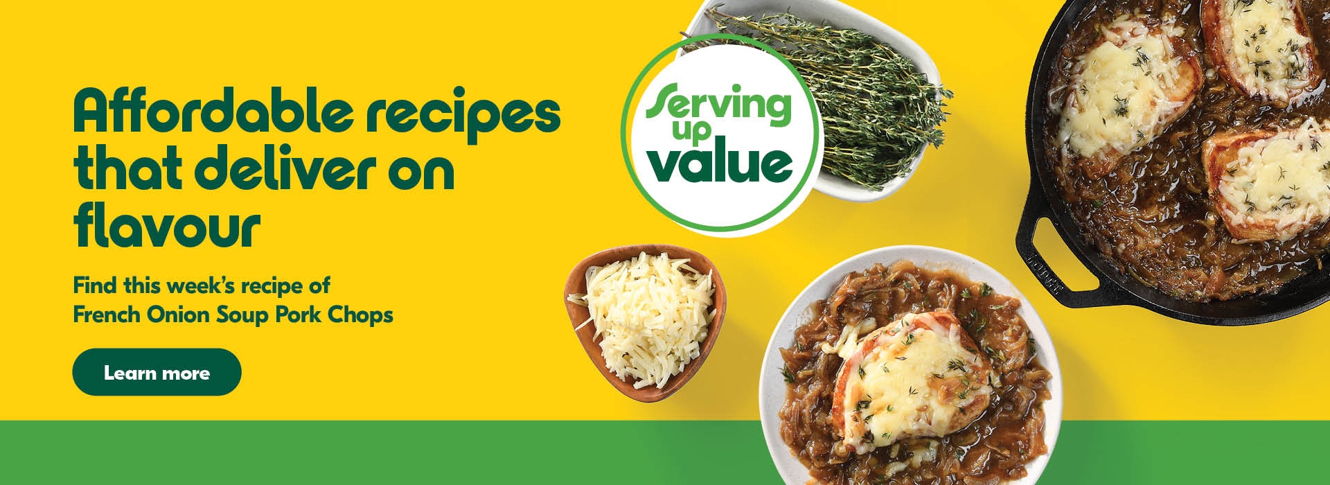 Affordable recipes that deliver on flavour. Find this week's recipe of French Onion Soup Pork Chops
