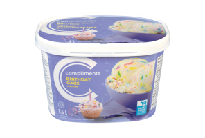 A purple tub of Compliments Birthday Cake Flavour Light Ice Cream with a photograph of a birthday cupcake with a candle in it on front.