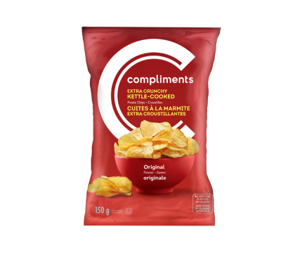 A red packet of Compliments Extra Crunchy Kettle-Cooked Potato Chips, featuring a red bowl of chips on the front.