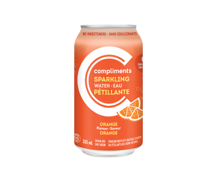 An orange tin can of Compliments Orange Flavour Sparkling Water.