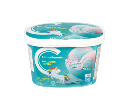 A light blue tub of Compliments Unicorn Twirl Ice Cream with an illustration of a little unicorn on the front.