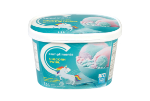 A light blue tub of Compliments Unicorn Twirl Ice Cream with an illustration of a little unicorn on the front.