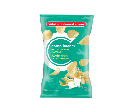 A pale green packet of Compliments Salt & Vinegar Flavour Potato Chips with an illustration of a vinegar bottle and a salt shaker on the front.