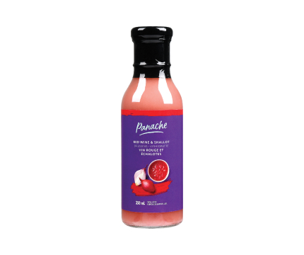 Glass bottle of Panache Red Wine & Shallot Vinaigrette with a purple label on front.