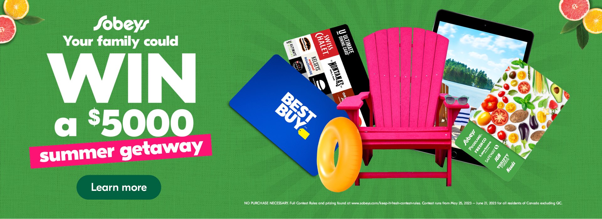 Picture of a Muskoka chair alongside gift cards and other prizes.