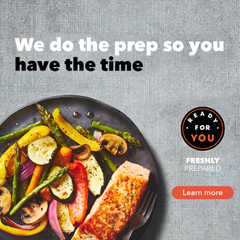 An image of prepared food on a black plate with the text "We do the prep so you have the time." Click on "learn more" for more info.