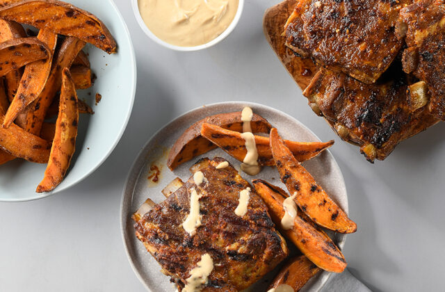 Roasted Garlic and Red Pepper Pork Side Ribs with Grilled Sweet Potatoes