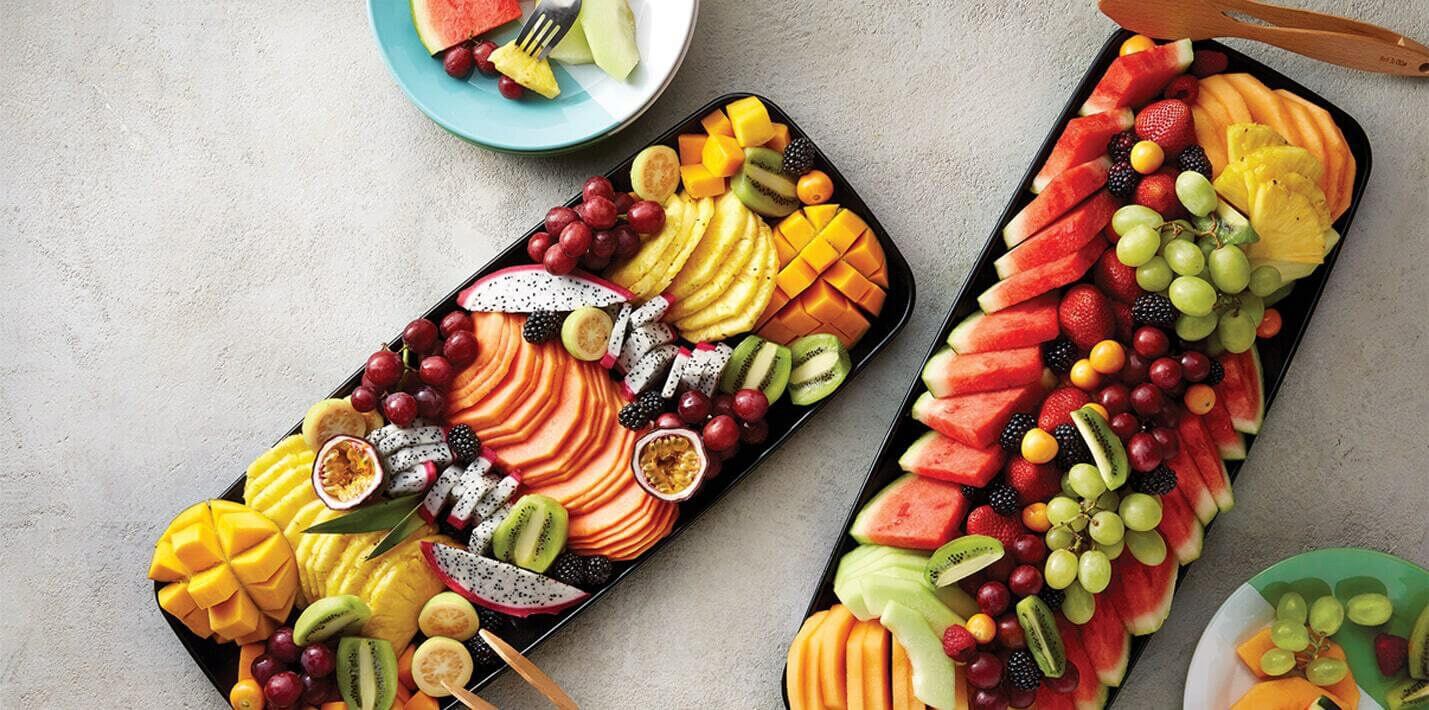 fruits, veggies and salads trays