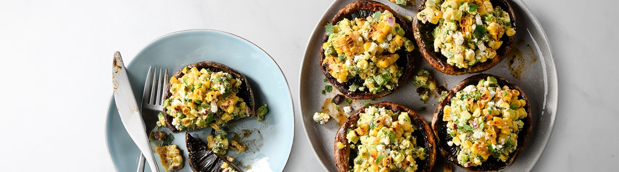 Grilled street corn and avocado salad portobello mushrooms