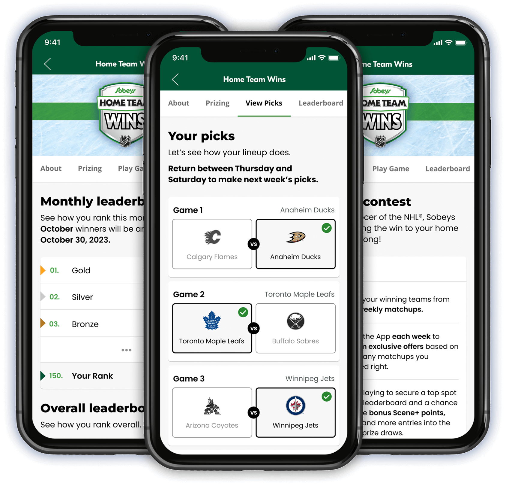 An image showing the Sobeys Home Team Wins Application running on three smartphones.