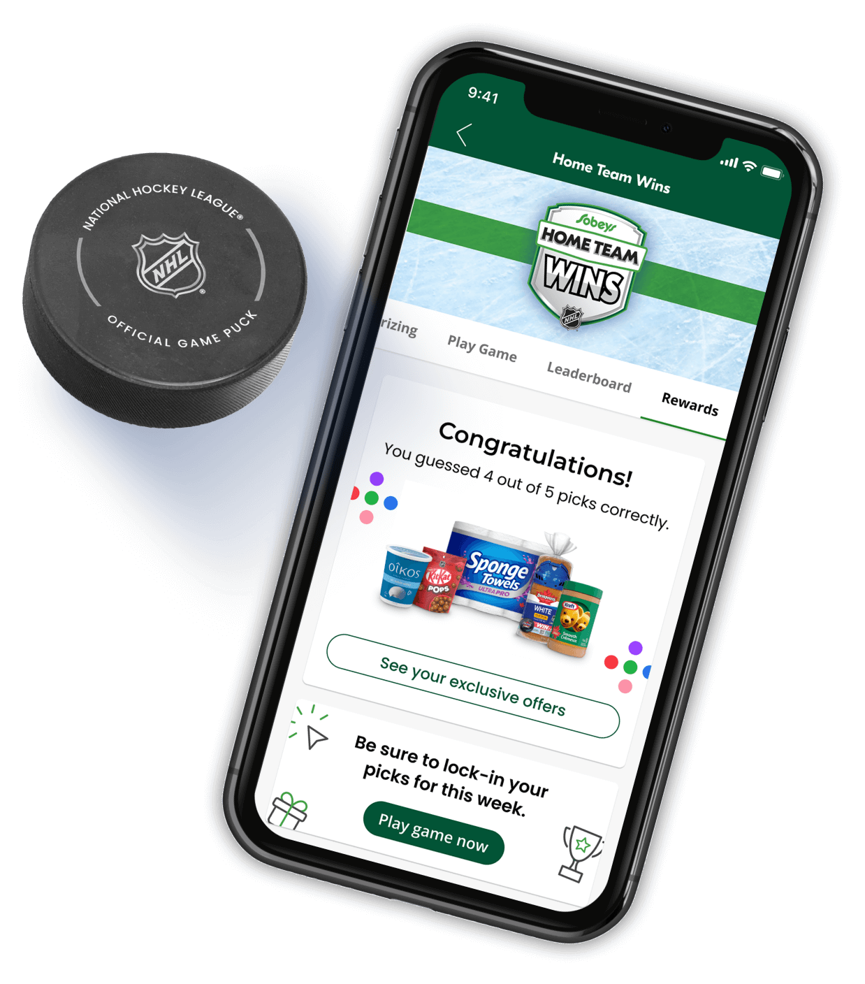 my-nhl-sobeys An image showing the Sobeys Home Team Wins Application running on a smartphone with a rewards section.