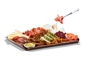 Mini Charcuterie Grazing Board with mild Genoa and pepper coated salami, a double crème brie, aged cheddar and herb and garlic goat cheese