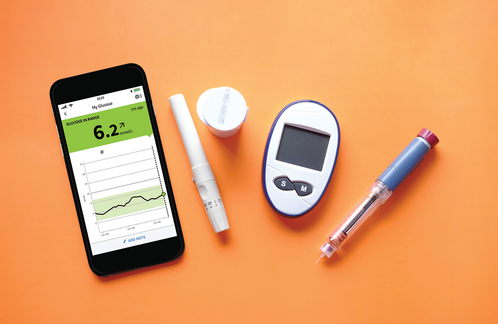 Insulin therapy tools include an insulin pen or syringe, a blood glucose monitor and online apps to track diabetes data