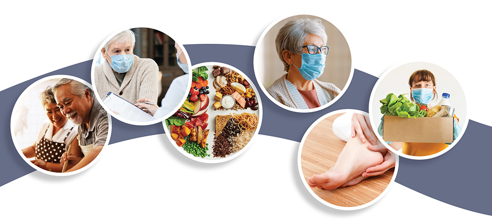 Essentials of diabetes care - couple cooking; senior talking to doctor; plate of healthy food; masking; foot care; person holding out box of fresh vegetables