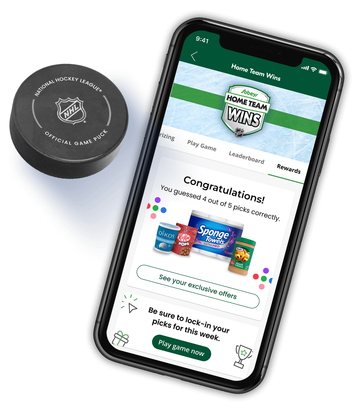 An image showing the Sobeys Home Team Wins Application running on a smartphone with a rewards section.