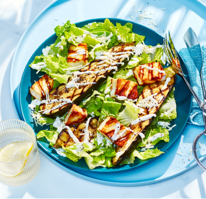 Grilled Zucchini Caesar Salad with Halloumi Cheese Croutons