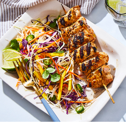 Spicy Grilled Chicken Kabobs with Mango Slaw