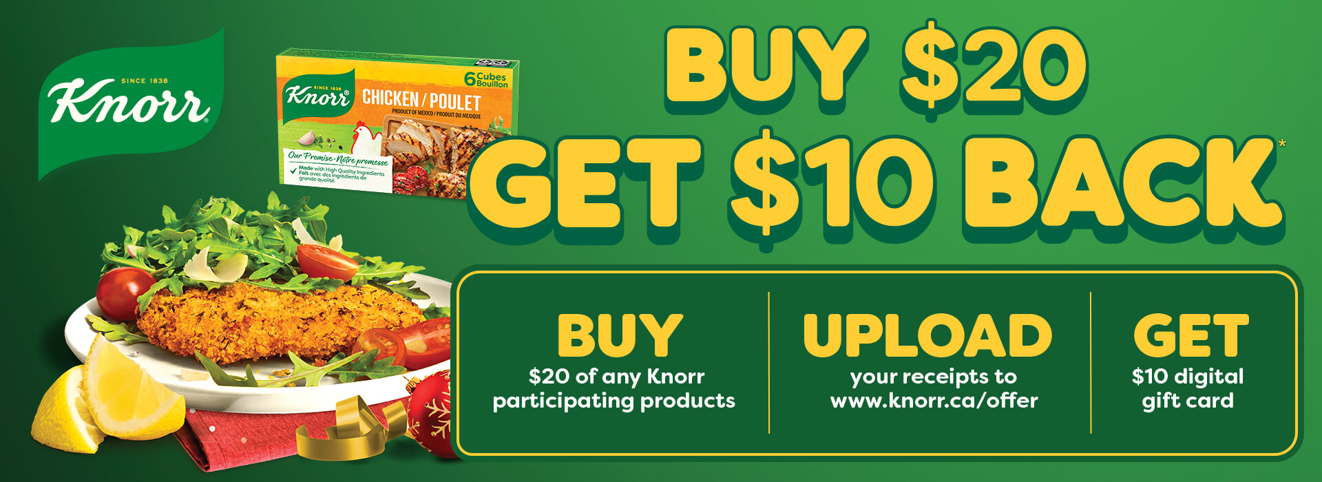 Knorr-Custom-Brand-Page A picture of the Knorr logo, bouillon cube chicken product, and a plate of breaded chicken on the left and the information about the buy $20 get $10 back on the right