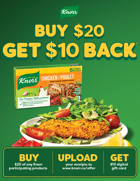 Knorr_Custom_Brand_Page A picture of the Knorr logo, bouillon cube chicken product, and a plate of breaded chicken on the left and the information about the buy $20 get $10 back on the right