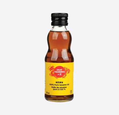 A bottle of Eight Treasures 100% pure sesame oil