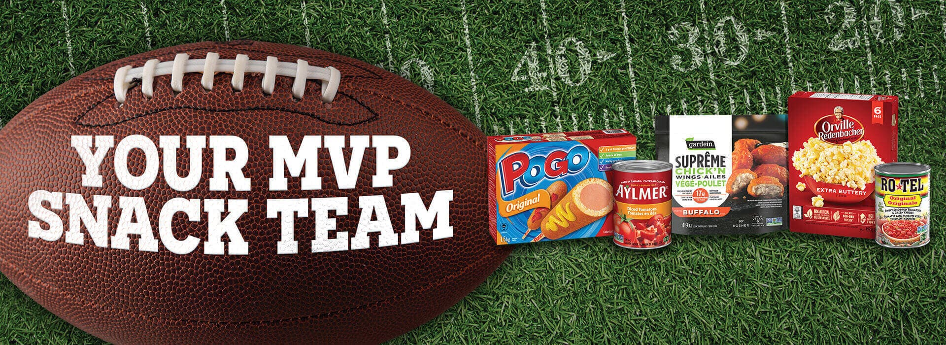On the left side is a football with a slogan, to the right is 5 product shots the whole image is on top of a football field background