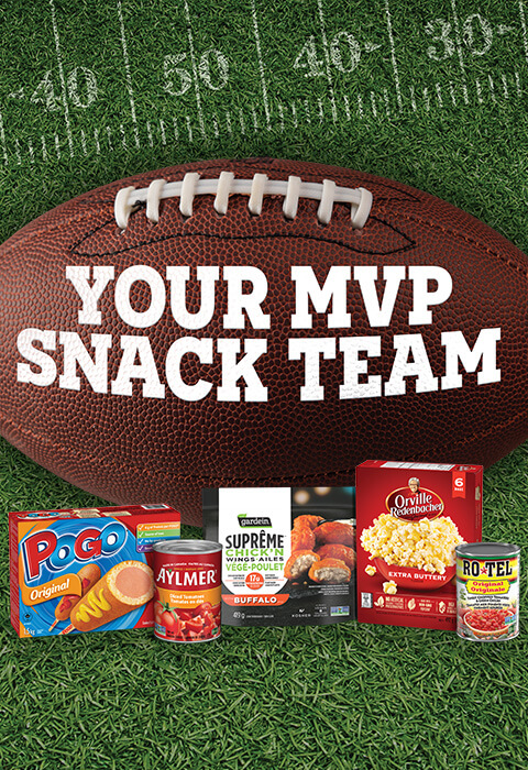 On the left side is a football with a slogan, to the right is 5 product shots the whole image is on top of a football field background