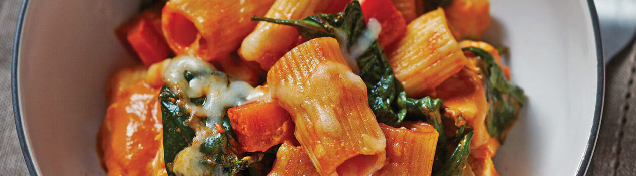 Creamy Chicken Spinach Tomato Rigatoni Bake