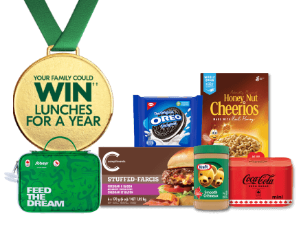 The following image contains the text: "Your family could win lunches for a year with these products from Sobeys: Oreo Biscuits, Honey Nut Cheerios, Stuffed Farcis, Kraft Smooth Cream, mini Coca-Cola cans, and Feed the Dream bag."