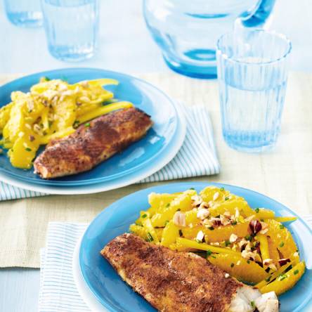 Breaded cod with a side of orange and pepper salad