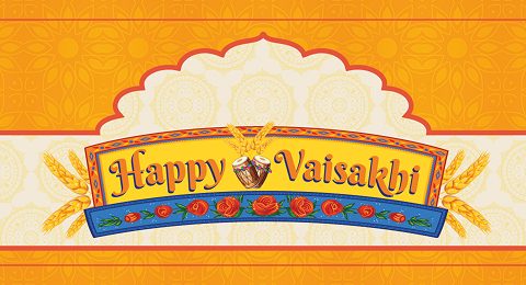 A golden banner with Happy Vaisakhi in the middle, roses and rose buds, stalks of wheat, and a few drums.