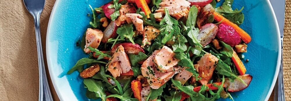 Warm Salmon Roasted Veg Salad sob