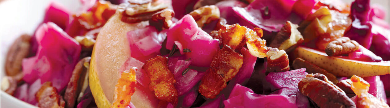 braised red cabbage with bacon pears pecan