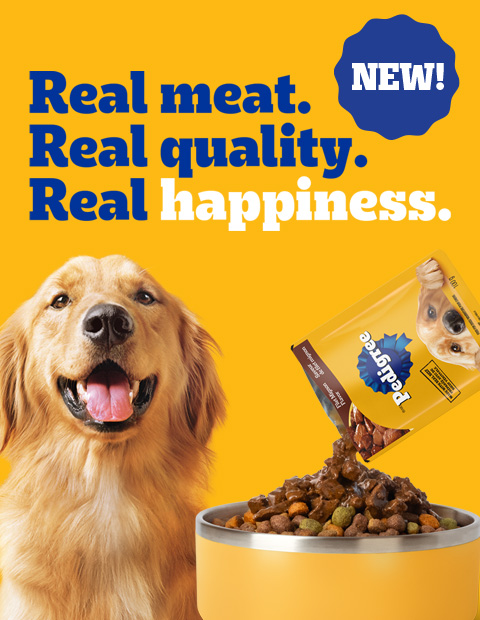 pedigree_choice_cuts On the left side of the image has a slogan, a bowl of the wet food coming out of the pouch and topping dry food and a face of the dog and the right side has ways to use the wet food.