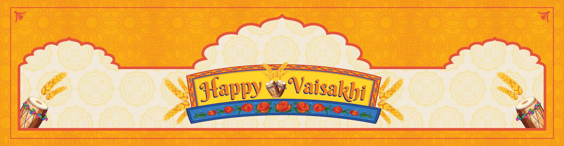 A golden banner with Happy Vaisakhi in the middle, roses and rose buds, stalks of wheat, and a few drums.