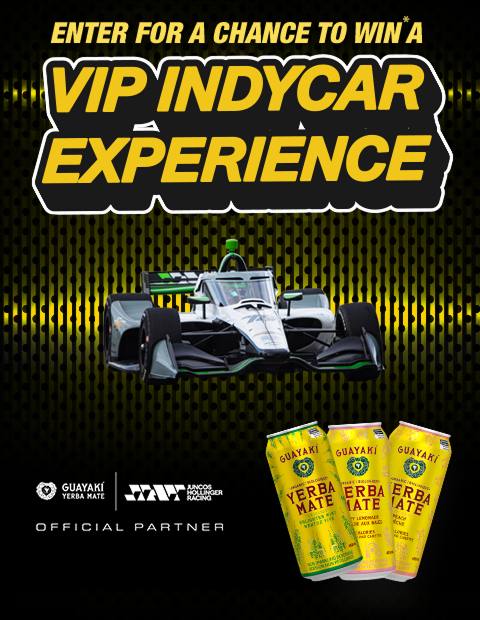 Enter_for_chance_to_win_a_vip_indycar_experience The left side of the image has a race car, the middle has information about the contest and the right side has three cans of Yerba Mate.